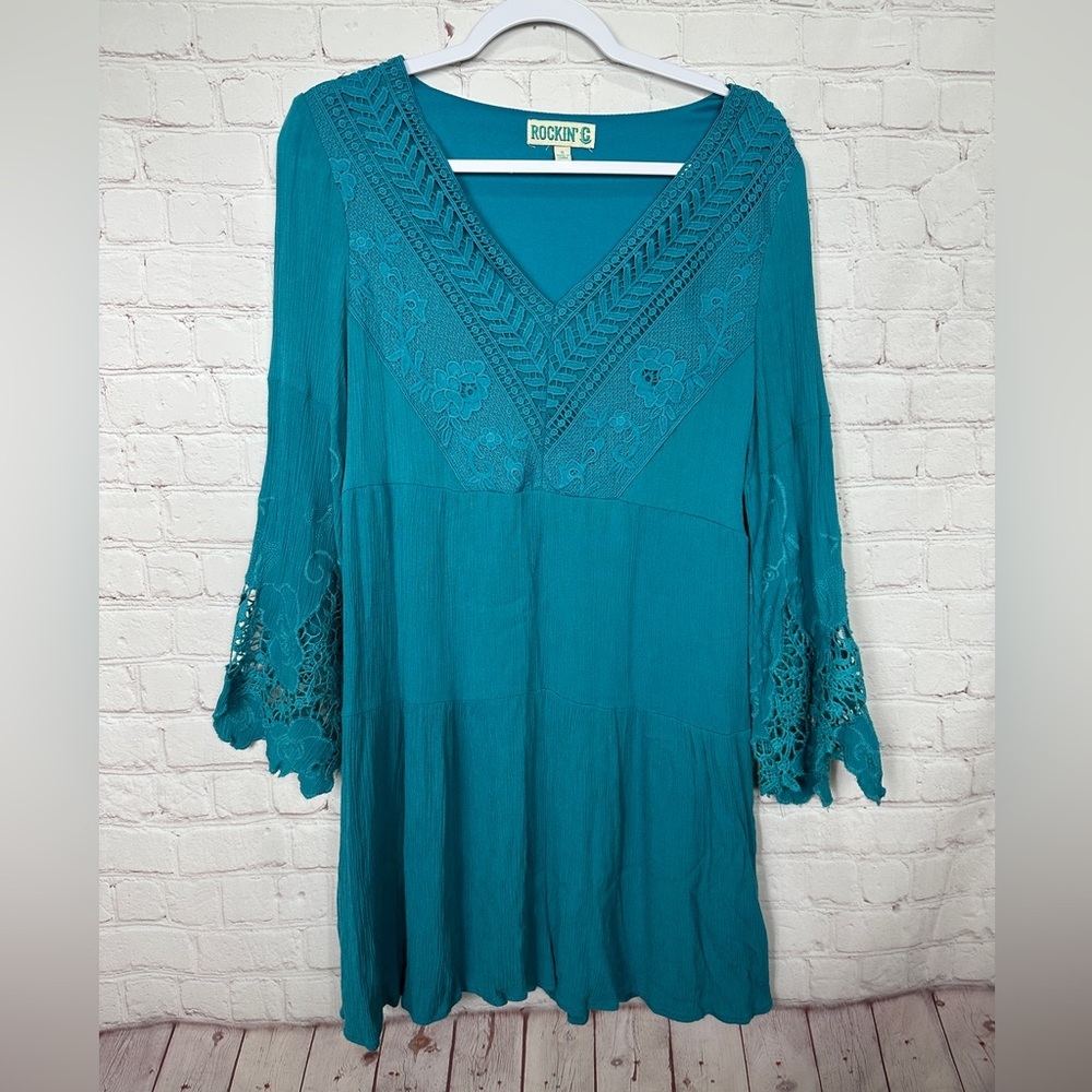 Rockin' C embroidered crochet Dress Tiered Cottage Whimsigoth bell sleeve‎ sz S
